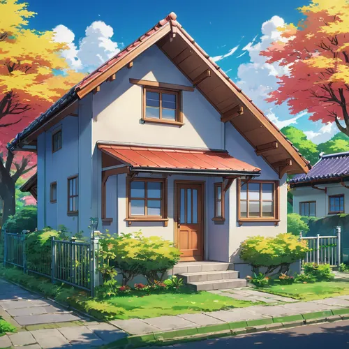 house painting,little house,small house,one autumn afternoon,studio ghibli,lonely house,autumn scenery,tsumugi kotobuki k-on,home landscape,apartment house,neighborhood,autumn background,beautiful home,my neighbor totoro,autumn theme,house,violet evergarden,sakura background,house shape,neighbourhood,Illustration,Japanese style,Japanese Style 03