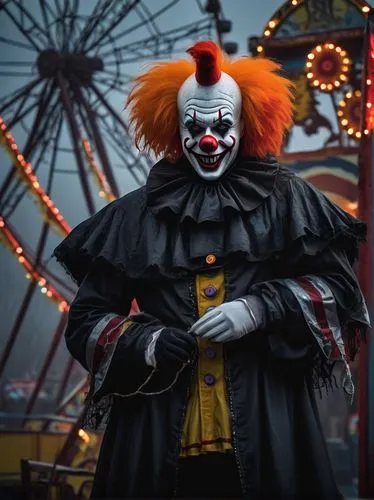 Creepy evil clown, bright orange wig, pale skin, red nose, sinister grin, colorful painted-on eyebrows, worn-out white gloves, oversized black boots, tattered crimson cloak, holding a rusty old Ferris