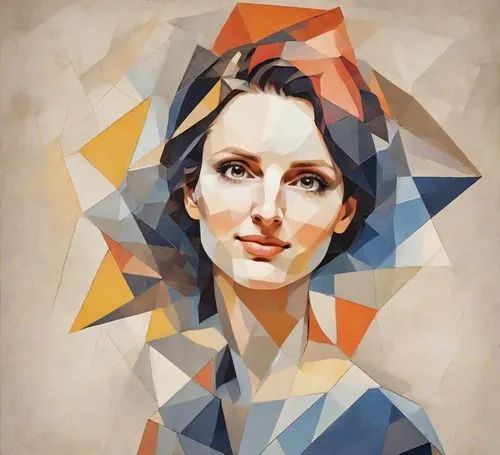 portrait in the style of polygonal painting in the style of Alexander Deineka, the face is divided into colored polygons of different sizes, mosaic, a combination of complex cold and warm colors, play