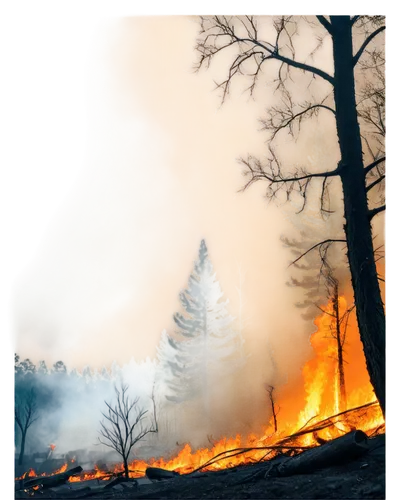 Wildfire, flames engulfing trees, smoke billowing, orange-yellow blaze, burning embers, charred trunks, fiery sparks, apocalyptic atmosphere, dramatic lighting, 3/4 composition, shallow depth of field