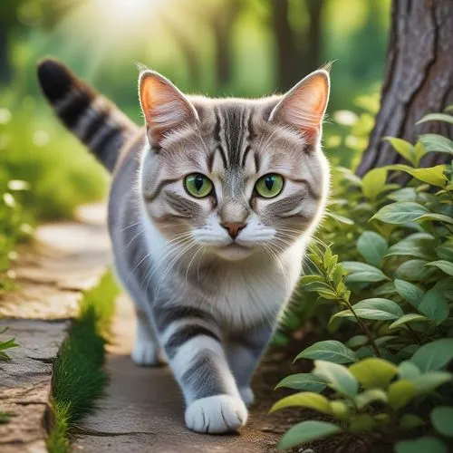 a cat with green eyes is walking through the leaves,european shorthair,cute cat,cat image,cat vector,breed cat,tabby cat