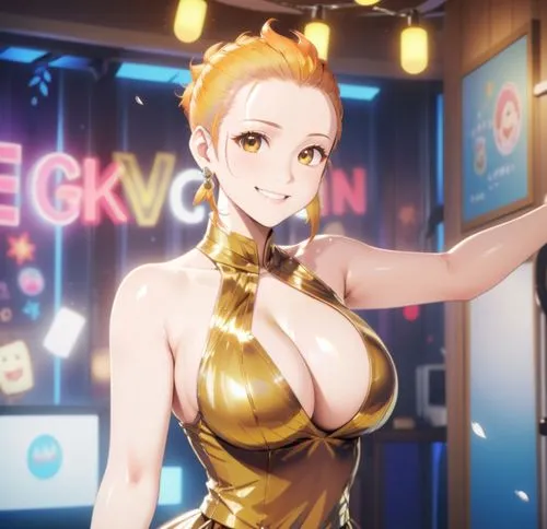 red faux hawk hair, gold dress, big boobs, cute face, smile, led neon lights, fairy lights background,a  girl in gold dress holding up her hand,giganta,soejima,hamasaki,vecci,shadman,ryuji,Anime,Anime