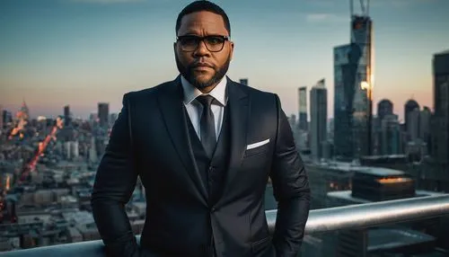 Anthony Anderson, masculine, mature man, (40yo), serious facial expression, short black hair, glasses, formal wear, suit, white shirt, tie, black trousers, leather shoes, standing, confident posture, 