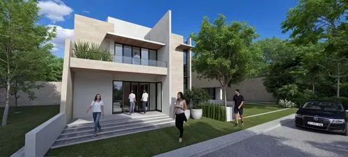 DISEÑO EXTERIOR DE UNA CASA ESTILO RESIDENCIAL, CON MUROS CON MARMOL TRAVERTINO Y MUROS EN COLOR BLANCO Y GRIS, AÑADE AUTOS, PERSONAS Y VEGETACIÓN,CORRECCION DE ERRORES, FOTOGRAFIA HIPERREALISTA,a ren