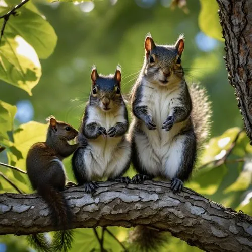 mommy black eastern grey squirrel and two baby black eastern grey squirrels playing in the branches of a large Catalpa tree. Sunlight filtering between the large catalpa leaves reflecting off the fur 