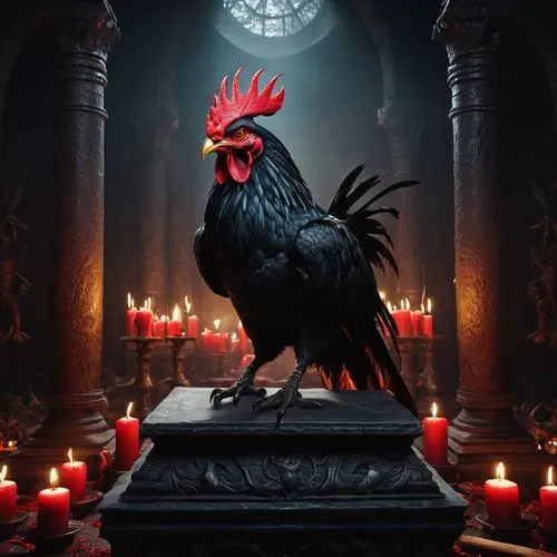 Demonic chicken, hellish red eyes, sharp beak, black feathers with red undertones, horns on head, muscular legs, claws, standing on a pedestal of skulls, in a dark dimly lit chamber, surrounded by can