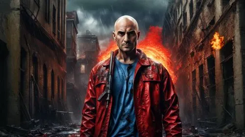   A Bald adult wearing a red jacket holding Zoom in , Fast motion video, Tracking subject, Sunlight glinting off the asphalt, “A post-apocalyptic cityscape, with  urban Cityscape and survivors running