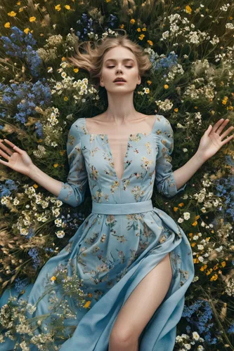 shot from above, woman, hands wide spread in wildflowers, in the style of luminous and dreamlike scenes, lo-fi aesthetics, captivating documentary photos, dark beige and sky-blue, naturalist aesthetic