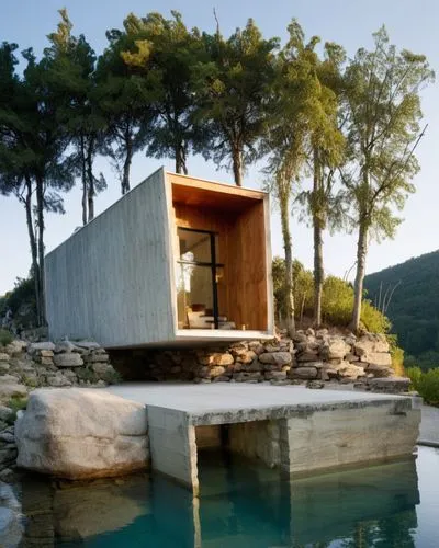 cubic house,amanresorts,pool house,corten steel,summer house,zumthor,house with lake,house by the water,inverted cottage,cube house,dunes house,aqua studio,snohetta,lefay,house in mountains,siza,holiday home,floating huts,holiday villa,boat house,Photography,General,Realistic