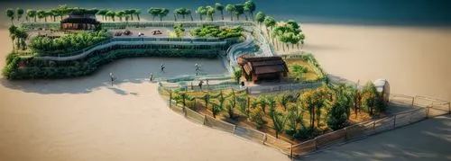 a zoo with tree.,floating islands,floating huts,floating island,artificial island,artificial islands,tilt shift,island suspended,popeye village,an island far away landscape,cube stilt houses,3d render