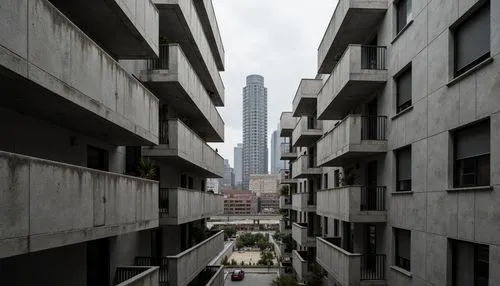 Exposed concrete walls, rugged textures, industrial pipes, raw steel beams, minimalist balconies, brutalist architecture, urban cityscape, gloomy overcast sky, dramatic shadows, high-contrast lighting