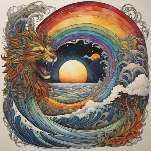 Joyful watercolor paintings of smiling suns and rainbows,sun and moon,mantra om,sun moon,unicorn and rainbow,rainbow waves,the zodiac sign pisces,maelstrom,god of the sea,the wind from the sea,dharma 