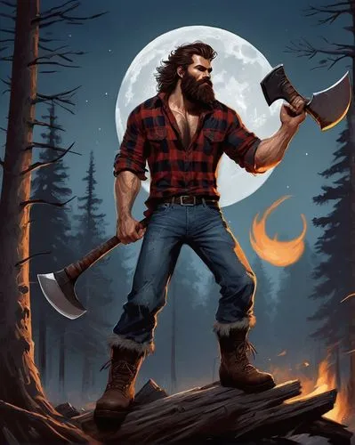 Muscular man, lumberjack werewolf, 30yo, rugged beard, messy brown hair, intense eyes, sharp teeth, plaid shirt, torn denim pants, heavy boots, axe in hand, full moon, forest, misty atmosphere, warm l