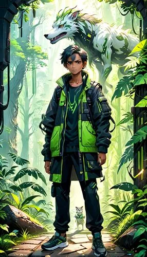 biologist,patrol,zookeeper,forest man,adventurer,jurassic,sci fiction illustration,rainforest,jungle,aaa,hiker,2d,concept art,cg artwork,game illustration,game art,world digital painting,dinosaruio,eco,would a background,Anime,Anime,General