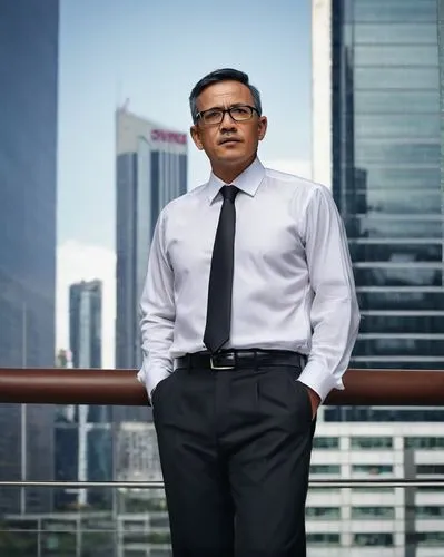 middle-aged man, mature, suited, confident posture, glasses, short black hair, slight stubble, formal attire, white shirt, black tie, black trousers, leather shoes, standing, office building, skyscrap