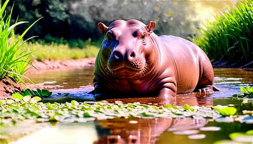 Hippopotamus, cute face, chubby body, short legs, water splashes, riverbank scene, green aquatic plants, sunny day, warm lighting, 3/4 composition, shallow depth of field, soft focus, pastel color ton