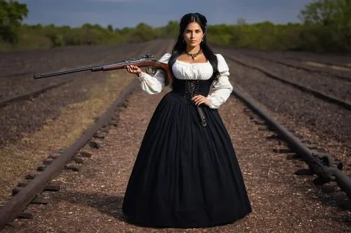 woman holding gun,southern belle,girl with gun,violin woman,girl with a gun,country dress,countrygirl,western concert flute,miss circassian,holding a gun,farm girl,western film,hoopskirt,wild west,american frontier,country-western dance,violin,western,western riding,hipparchia,Illustration,Retro,Retro 09