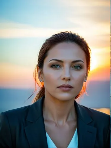 A beautiful woman.,the woman poses in front of the sun and the camera,sarikaya,eretria,biljana,sevda,dilek,bussiness woman,Illustration,American Style,American Style 08