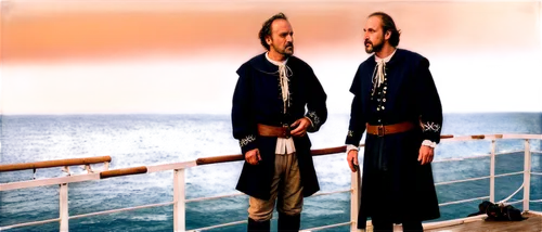 Christopher Columbus, historical figure, European male, aged 45-55, beard, mustache, balding hair, worn clothing, leather boots, holding navigation tools, standing on the deck, looking out at sea, dra