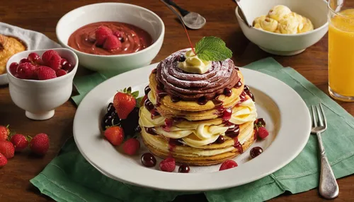 Craft a delightful Carvel menu exuding sweetness and joy.,stack cake,pancakes with ice cream,fruit-filled choux pastry,waffle ice cream,fruit ice cream,juicy pancakes,sundaes,fruit butter,apple pancak