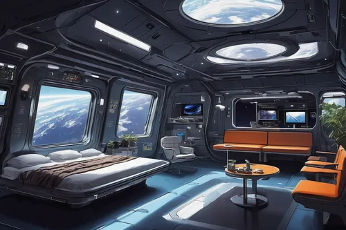 Imagine a futuristic holiday motel on a bustling space station, with high-tech amenities and breathtaking views.,ufo interior,sky space concept,spaceship space,space capsule,camping bus,spaceship,sky 