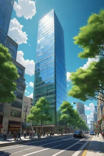 Modern skyscraper, urban cityscape, daytime, clear blue sky, few white clouds, reflective glass facade, sleek metallic frame, intricate architectural details, bustling street life, people walking in h