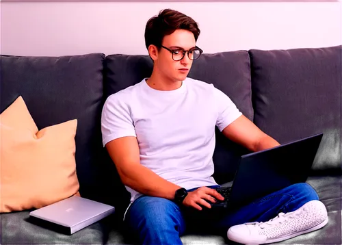 software engineer, young adult, male, messy brown hair, black framed glasses, casual wear, white T-shirt, jeans, sneakers, laptop on lap, coding, sitting on couch, relaxed posture, natural lighting, s