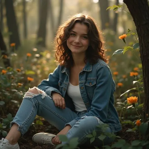 Natural Integration, blending with the environment, girl, 18yo, gentle smile, soft makeup, curly brown hair, casual wear, denim jacket, white tank top, ripped jeans, sneakers, sitting, lying down, or 