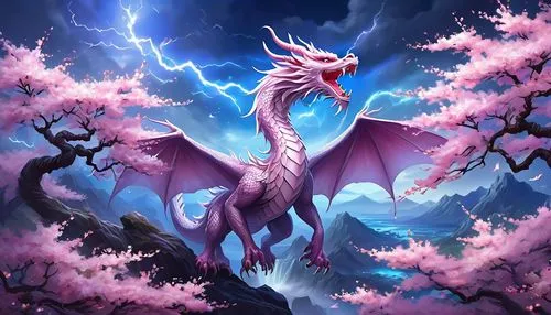 forest dragon,dragon li,painted dragon,dragon design,japanese sakura background,dragon,unicorn background,nine-tailed,wall,wyrm,dragon of earth,fantasy picture,defense,black dragon,goji,dragon fire,dragons,draconic,sakura background,chinese dragon,Illustration,Realistic Fantasy,Realistic Fantasy 01