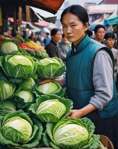 In a bustling street market, portray the vibrant colors and delicate aroma of fresh young Chinese cabbage.,chinese cabbage,pak-choi,market vegetables,chinese celery,chinese cabbage young,vegetable mar