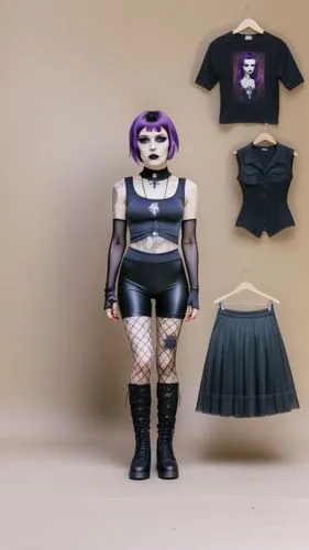 Paper doll 2d cartoon goth purple haired girl in black sleeveless shirt , black spandex shorts, complete full length fishnet and black goth knee Boots, standing surrounded by with a set of goth fashio