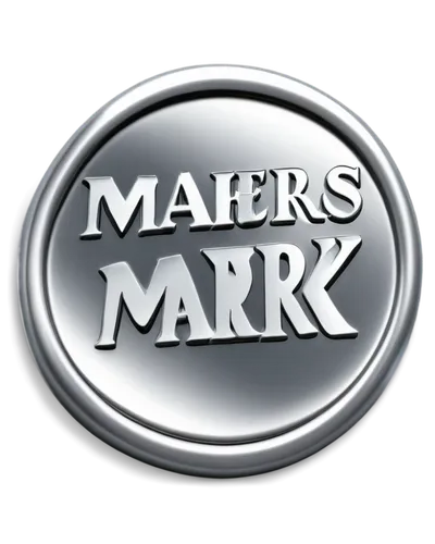 Logo, maker's mark, metallic, circular shape, raised letters, bold font, silver color, glossy finish, reflective surface, detailed texture, close-up shot, shallow depth of field, soft lighting, 3/4 co