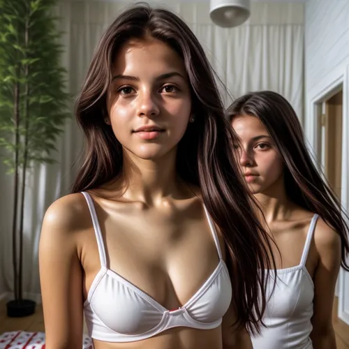 wearing a red mini dress with big white dots.  Standing in a room with just normal tiles.  A normal bed, a desk with a computer on it.,ruslana,anorexia,photorealist,doll looking in mirror,girl in t-sh