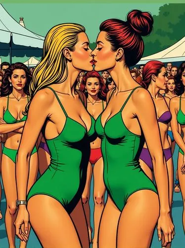 The comic stile picture shows two women kissing in a public space. Both women are wearing green swimsuits and are surrounded by a large crowd of people.
The women are facing each other and kissing. Th