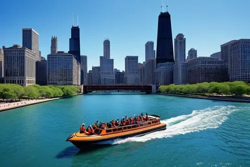 Chicago River, daytime, sunny weather, clear blue sky, gentle breeze, warm lighting, summer season, Architectural Boat Tour, people on board, holding cameras, life jackets, captain standing at the hel