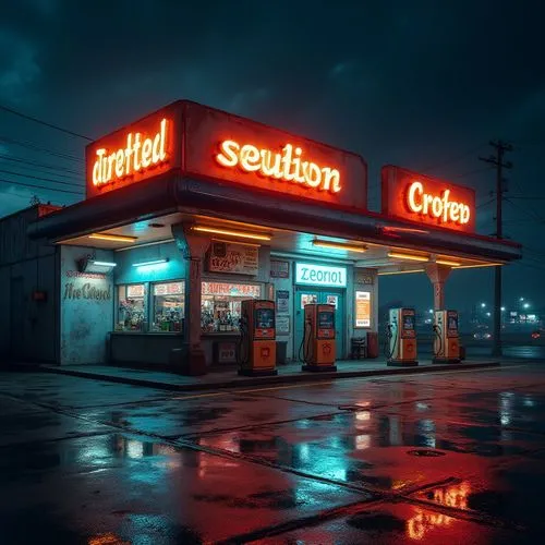 gas station,retro diner,electric gas station,e-gas station,filling station,petrole,chernobyls,gasoline,petrol pump,petroleum,diner,citgo,unleaded,newsstand,neon sign,petrolium,speedway,gulfton,petrol,liquors,Photography,General,Realistic