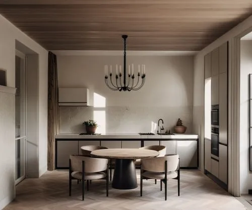 kitchen, round dining table, window on the left, interior design, english style, white plaster walls, black details, neutral colors, post-war french design, norm architects, Finn Juhl, moody lighting,