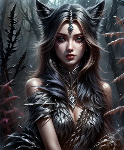 huntress,fantasy art,fantasy portrait,the enchantress,faerie,faery,dryad,faun,fantasy picture,howling wolf,sorceress,feral,fairy tale character,wolf hunting,forest animal,heroic fantasy,black shepherd,nine-tailed,dark elf,shamanic