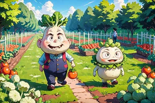 Anthropomorphized person walks through a vegetable garden. The turnip should have short legs and small arms, with an angry expression. He strolls calmly between rows of vegetables, such as carrots, le