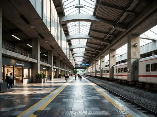 Retro-futuristic train station, exposed industrial pipes, raw concrete walls, steel beams, polished metal accents, geometric patterned tiles, bold color-blocking, functional minimalist design, abundan