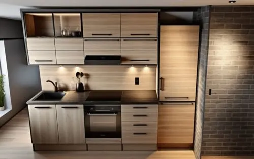 un moderno contrasto di colori tar ardesia e nero con finiturew ner a contrasto con il calore del legno regalano agli ambienti un tocco di calore sofisticato ,a black and white kitchen with brick wall