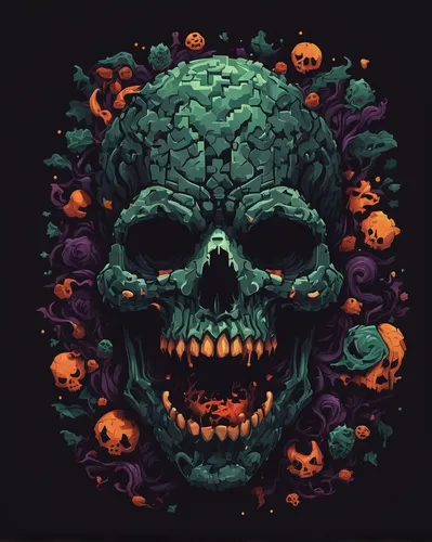 Craft a pixel font that conveys a spooky and eerie atmosphere for a horror-themed game.,skulls,sugar skull,skull drawing,green icecream skull,skull statue,pixel art,human skull,death's head,skull illu