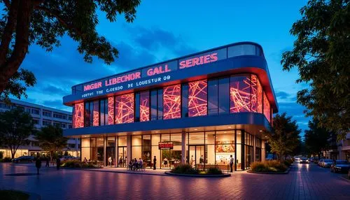 Vibrant laboratory building, futuristic facade design, neon-lit signage, metallic mesh cladding, angular geometric shapes, cantilevered structures, LED light installations, experimental architecture, 