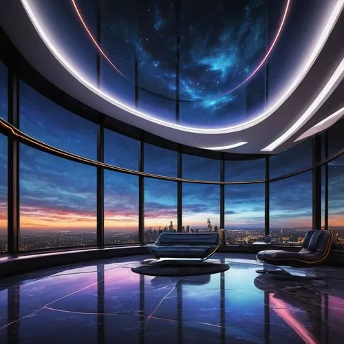 Futuristic skyscraper, dynamic curves, metallic materials, reflective glass, neon lights, urban cityscape, night scene, dramatic clouds, low-angle shot, cinematic composition, bold lines, geometric sh