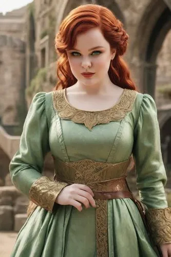 Penelope Featheringin dresses like Alicent Hightower with green colors. His red hair would be exotic. Style inspired by the House of the Dragon series. She is brave. It is chubby and has a curvy body.