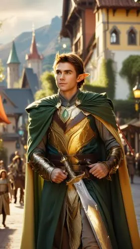 Young teen elf captain Glorvel, he has dark brunette hair, he wears his green cloack and his golden armor and he has a long golden elfic sword strapped to his belt, walking through the streets of the 