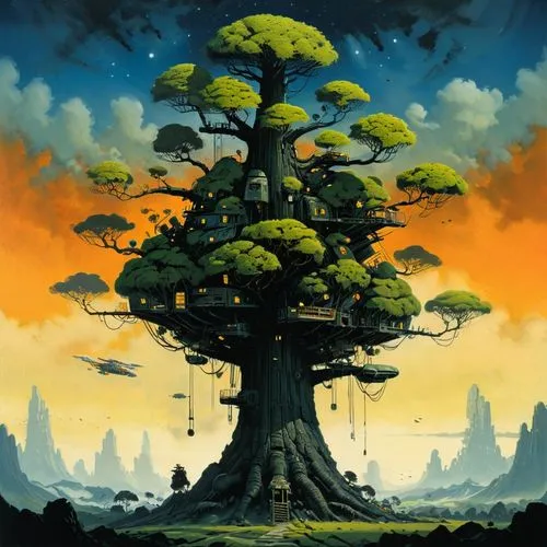 baobabs,mushroom landscape,mushroom island,tree mushroom,baobab,cartoon video game background,yggdrasil,cartoon forest,tree of life,bonsai,magic tree,ents,lonetree,tree house,treehouse,tangerine tree,tree grove,tree tops,tree,tree top,Conceptual Art,Sci-Fi,Sci-Fi 08