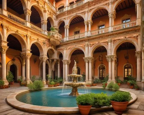 alcazar of seville,inside courtyard,courtyard,courtyards,pinacoteca,alcazar,hacienda,seville,paradores,patio,cortile,parador,alhambra,atriums,dorne,montelena,palermo,granada,cloister,floor fountain,Art,Classical Oil Painting,Classical Oil Painting 06