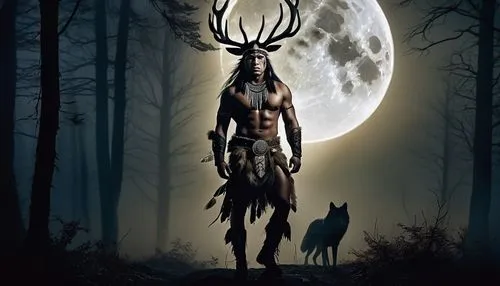 Native American, deer skin walker, mystical, full moon night, forest, trees with glowing eyes, misty atmosphere, wolf companion, fur loincloth, feathered headdress, antlers, tribal tattoos, smoky eyes