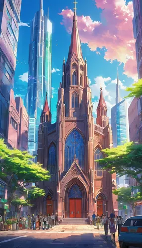 colorful city,fantasy city,cathedral,evangelion,euphonium,violet evergarden,tokyo city,city church,tokyo,church,church faith,city trans,churches,cityscape,sky city,beautiful buildings,evangelion eva 00 unit,shinjuku,church painting,background images,Illustration,Japanese style,Japanese Style 03